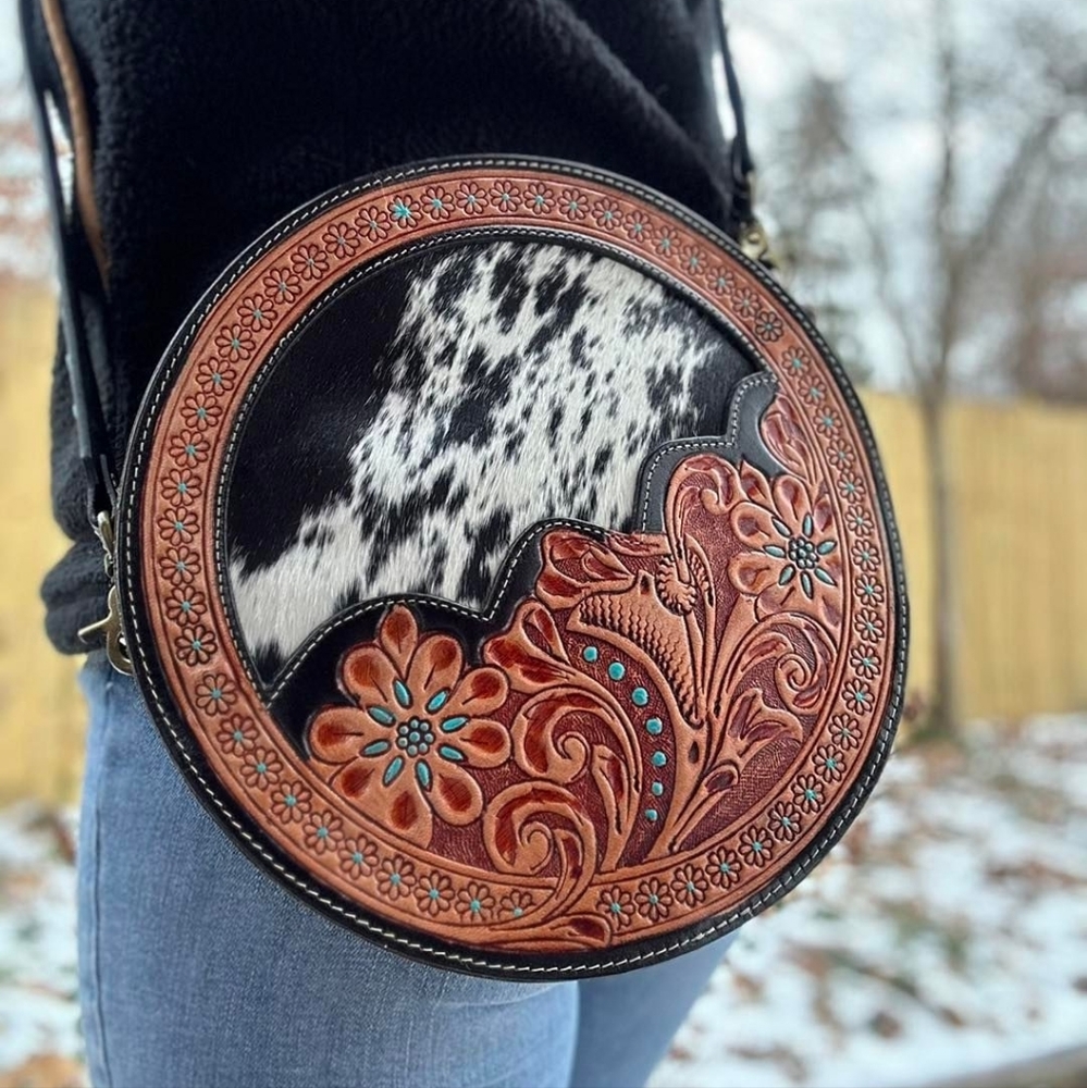 NWT Myra Bag Round Leather Hairon Cowhide Tooled Crossbody Shoulder Bag - Picture 13 of 13